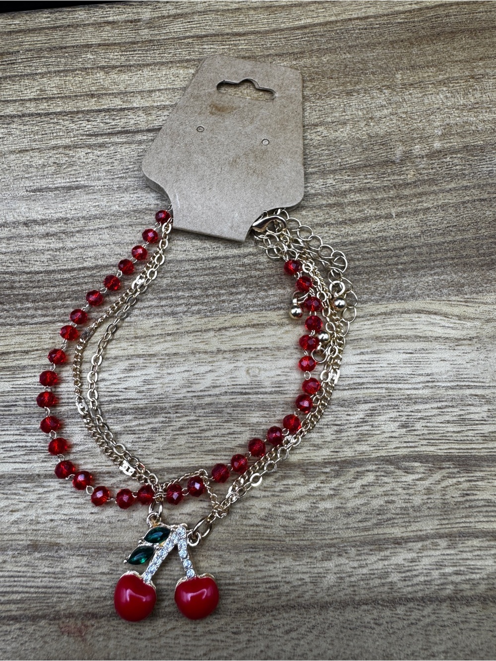 Gold-Tone Red Cherry Multi-Strand Bracelet with Crystal Accents